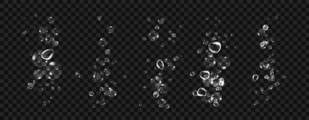 Clean water bubbles with soap foam effect and sparkle shine on transparent black background.