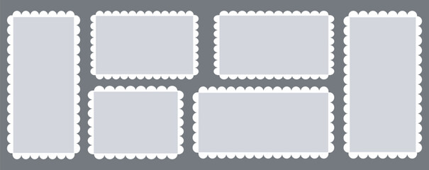 Postage stamp set. Mockup postage stamps with shadow. Blank postage stamp borders template collection. Realistic trendy post stamps set. vector