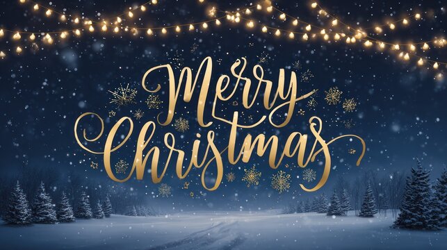 Merry christmas golden script with festive lights and snowy winter landscape