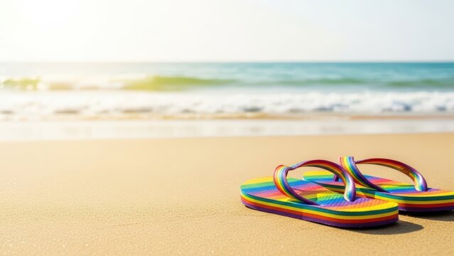 Colorful rainbow flip-flops on sunny beach with ocean waves in background