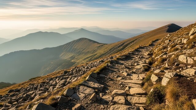 Scenic mountain path in serene landscape at sunset with rocky trail and distant peaks - Powered by Adobe