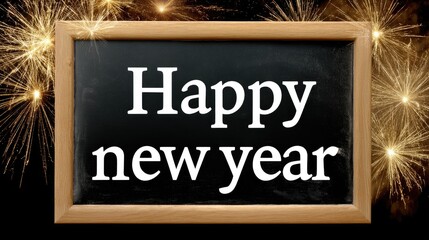 Celebrating new year with joy and fireworks, featuring a blackboard message in a festive atmosphere and space for personal messages