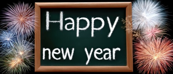 Colorful fireworks display celebrating new year's eve with happy new year text in golden sparkles on blackboard framed by vibrant lights
