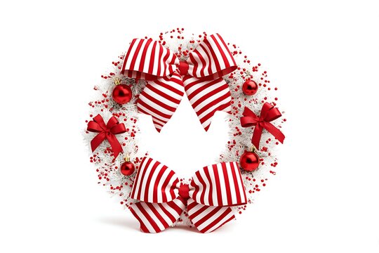 Christmas wreath with red and white striped bows isolated on white background