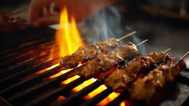 Skewers of meat grill over open flames; a hand tends sizzling morsels under orange glow, amid flames