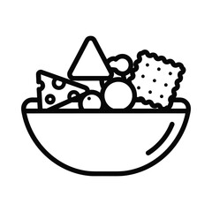Simple line art icon of a bowl filled with snacks like cheese crackers and grapes
