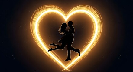 Silhouette of a couple embracing inside a glowing heart shape