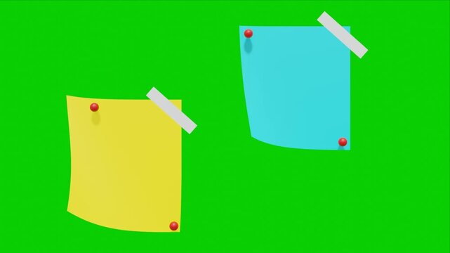 paper corner moving on green screen and blank note paper with push pin