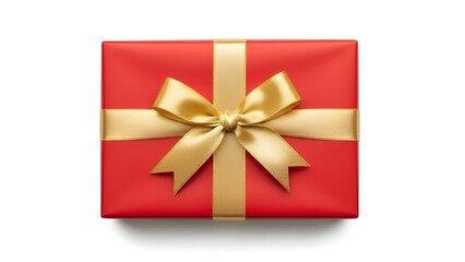 Red Gift Box with Gold Ribbon and Bow on White Background