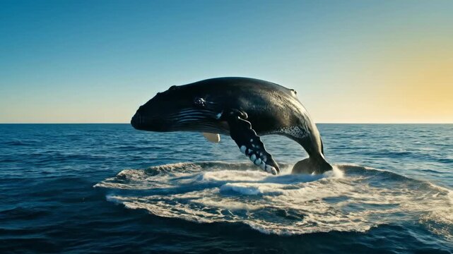 Majestic marine mammal breaching ocean water with spectacular splash under bright blue sky