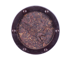 Bird engraving on a board isolated on white background