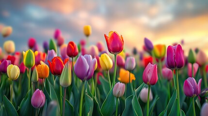 A field of multicolored tulips dancing gently in a spring breeze