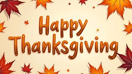 Whimsical hand-drawn “Happy Thanksgiving” text centered on a backdrop filled with multicolored fall leaves, artistic brush strokes, warm and inviting holiday feel