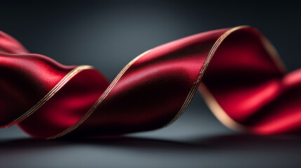 A close up shot of a red ribbon with gold trim on a dark background
