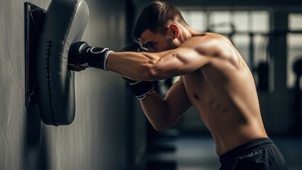 Young caucasian male boxer practicing punches in gym with focused intensity