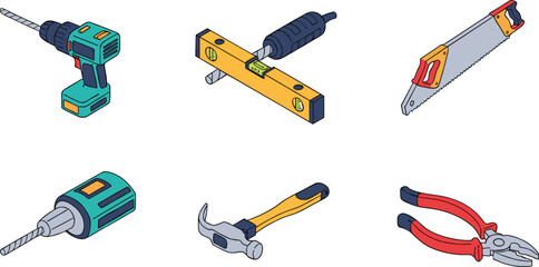 Colorful vector illustration set of essential hand tools and power tools for construction, repair, carpentry, DIY projects on white background