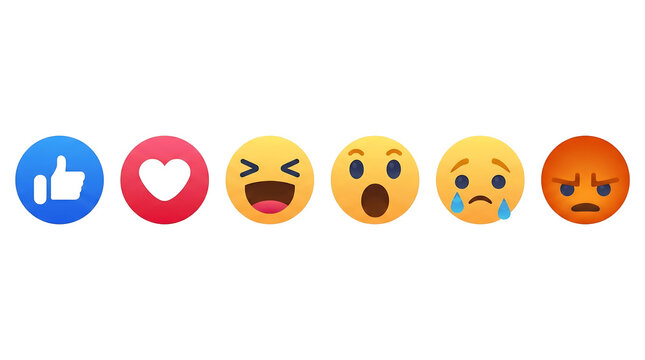 Collection of social media reaction emojis including like love laugh wow sad and angry isolated on transparent background