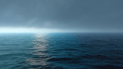 Fototapeta premium Vast, tranquil ocean under an overcast sky. Light shimmers on lighter blue water, transitioning to deeper, darker tones across the seascape.