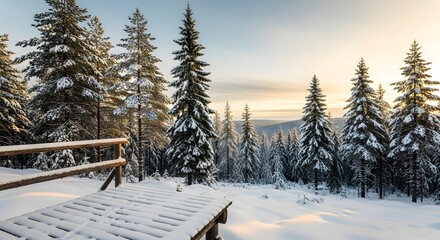 Snow covered evergreen forest with wooden deck and fence