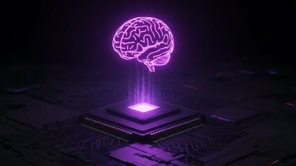 Futuristic Neon Brain Hologram Emanating from a Microchip on a Circuit Board