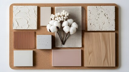 Material board design moodboard interior design cotton texture wood tile color palette inspiration beige neutral