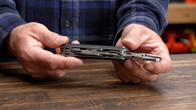 Man Opening Multitool Plier and Bottle Opener Component on Wood Table