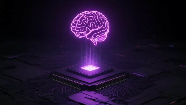Futuristic Neon Brain Hologram Emanating from a Microchip on a Circuit Board