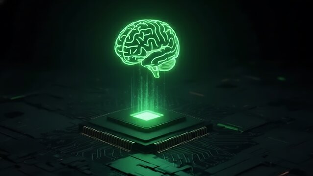 Glowing Green Brain Hologram Emanates from Futuristic Computer Chip