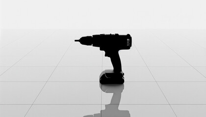 Silhouette of a cordless power drill on a reflective surface, representing tools and craftsmanship
