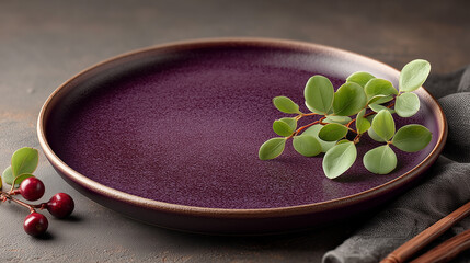 A purple plate with green leaves and red berries on a gray background