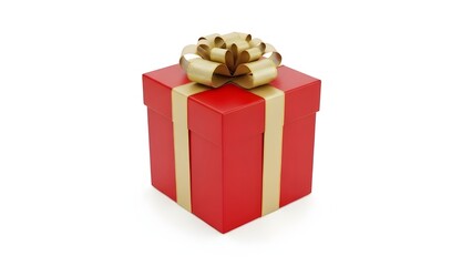 Red Gift Box with Gold Ribbon and Bow on White Background