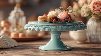 Macarons and flowers on a blue cake stand on a wooden surface indoors view