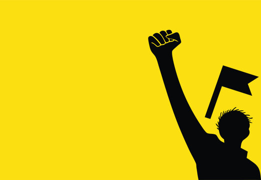 Silhouette of a person with a raised fist and a flag, representing protest, activism, and social justice on a yellow background, ideal for concepts