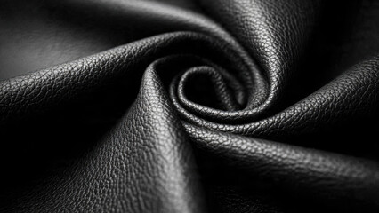 Dark, textured material, likely leather, elegantly folded and spiraled into a soft curl. Its pebbled surface and deep shadows create a luxurious abstract backdrop.