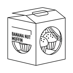 Line drawing of a cardboard box with a window showing banana nut muffins inside