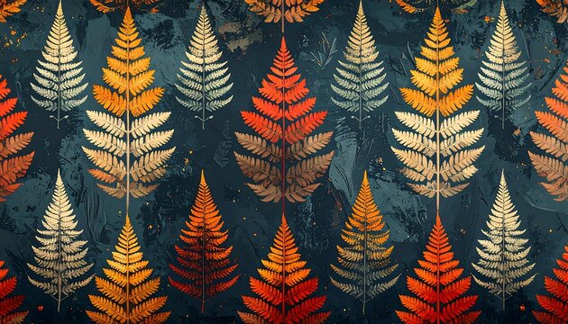 Fern fronds in warm hues, arranged in a textured repeat pattern against a dark, subtly speckled backdrop