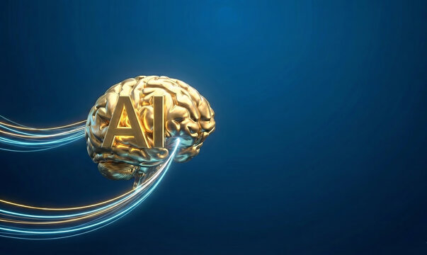 Golden AI brain with flowing data streams on dark blue background — futuristic artificial intelligence concept