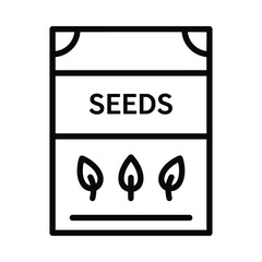 Simple line art icon of a seed packet with the word seeds and three leaves