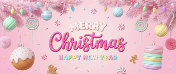 Playful Christmas and New Year greeting card wtih candy ornaments, pastel sweets, and festive decorations on a pink background.
