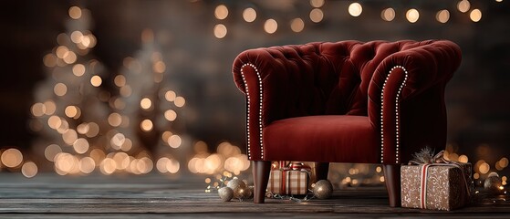 Christmas-themed armchair in red velvet with decorated trees and gifts, perfect for holiday photoshoot setting