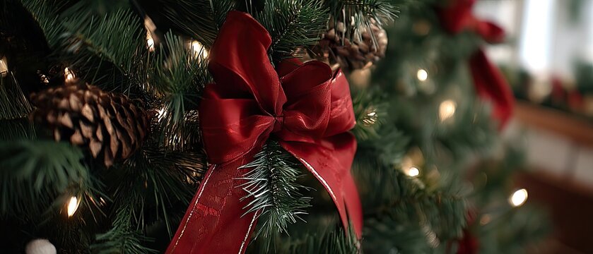 Christmas tree adorned with red bow and ornaments brings festive spirit to the room during the holiday season