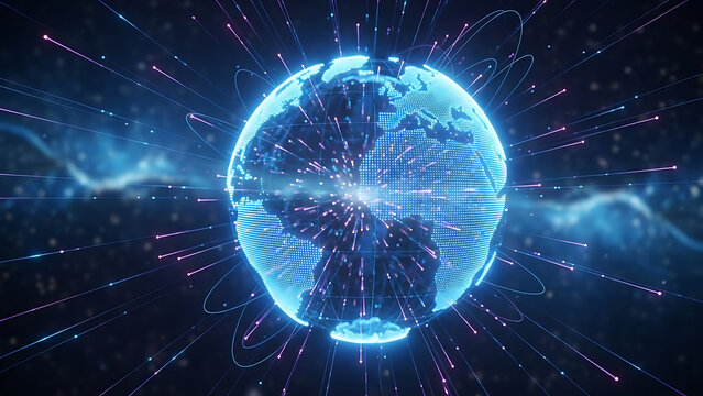 Blue holographic globe surrounded by dat