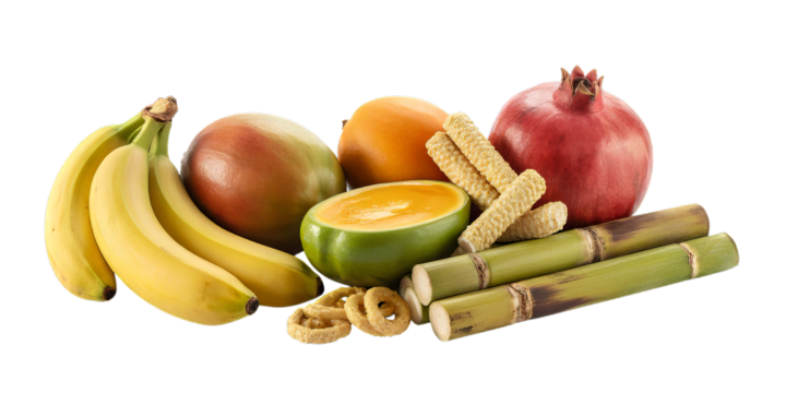 A vibrant collection of fresh tropical fruits including ripe bananas, sweet mangoes, and a red pomegranate, complemented by green sugarcane stalks and golden fried snacks