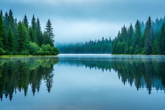 Serene mountain lake with perfect reflections and misty forest - Powered by Adobe