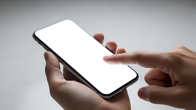 Person's hands holding smartphone, finger tapping blank screen