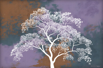 Stylized white tree with intricate branches against a textured purple and brown background