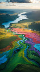Vibrant aerial view of a winding river with colorful banks