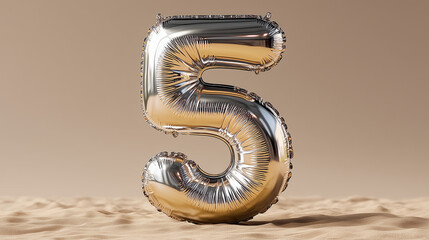 A shiny silver number five balloon standing on a sandy surface indoors