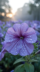 Close up of a dew covered purple petunia flower in soft morning light
