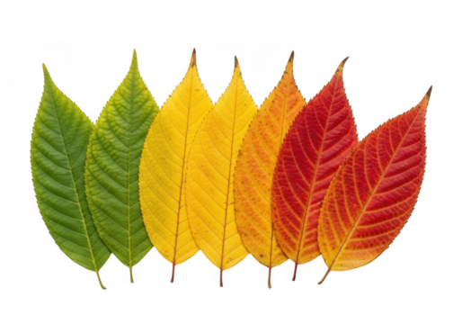 Row of leaves showing color change from green to yellow, orange, and red, isolated on transparent background